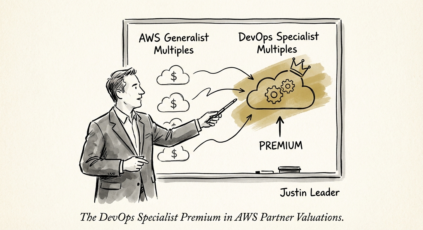 Justin Leader presenting a valuation matrix comparing AWS Generalist multiples versus DevOps Specialist multiples.