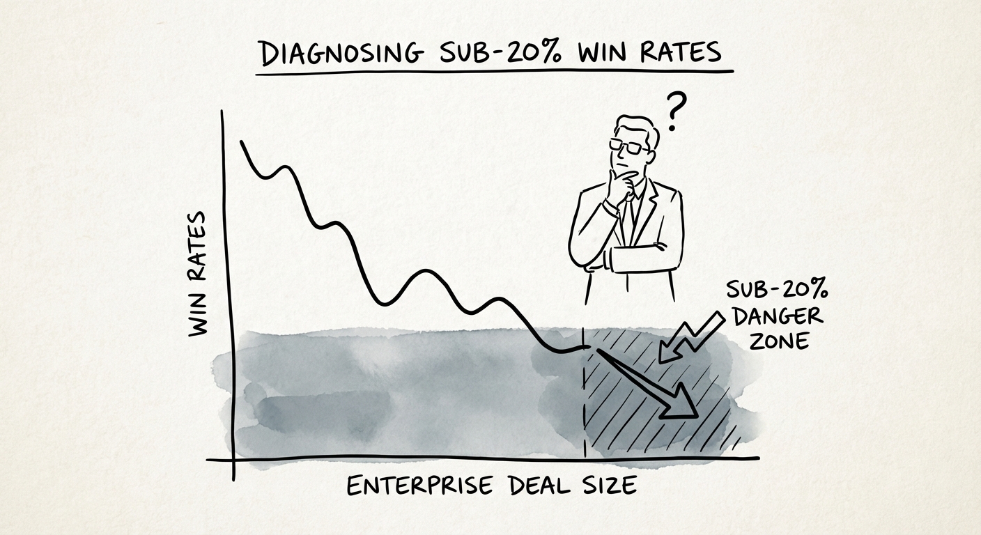 Graph showing the inverse relationship between enterprise deal size and win rates, highlighting the sub-20% danger zone.