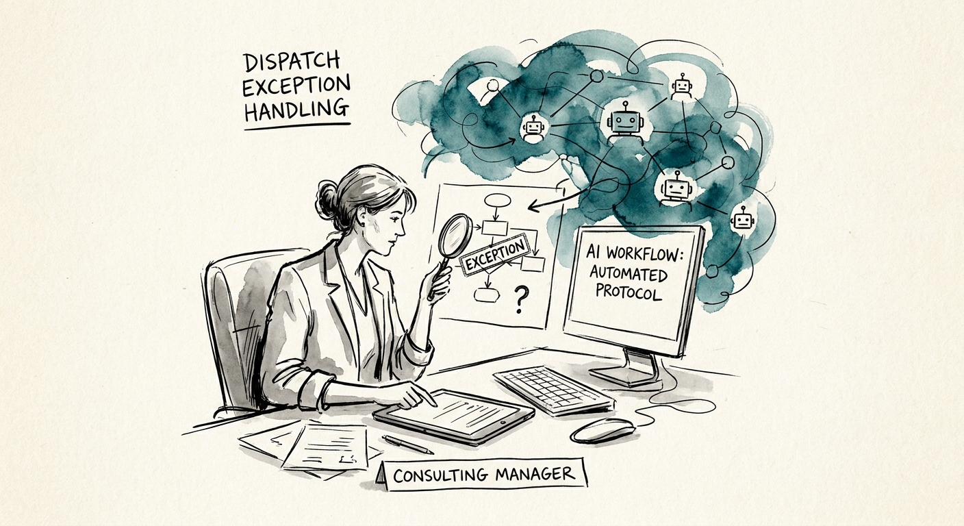 Dispatch exception workflow for consulting delivery showing capacity conflict, client-impact score, manager override, owner assignment, and escalation log.