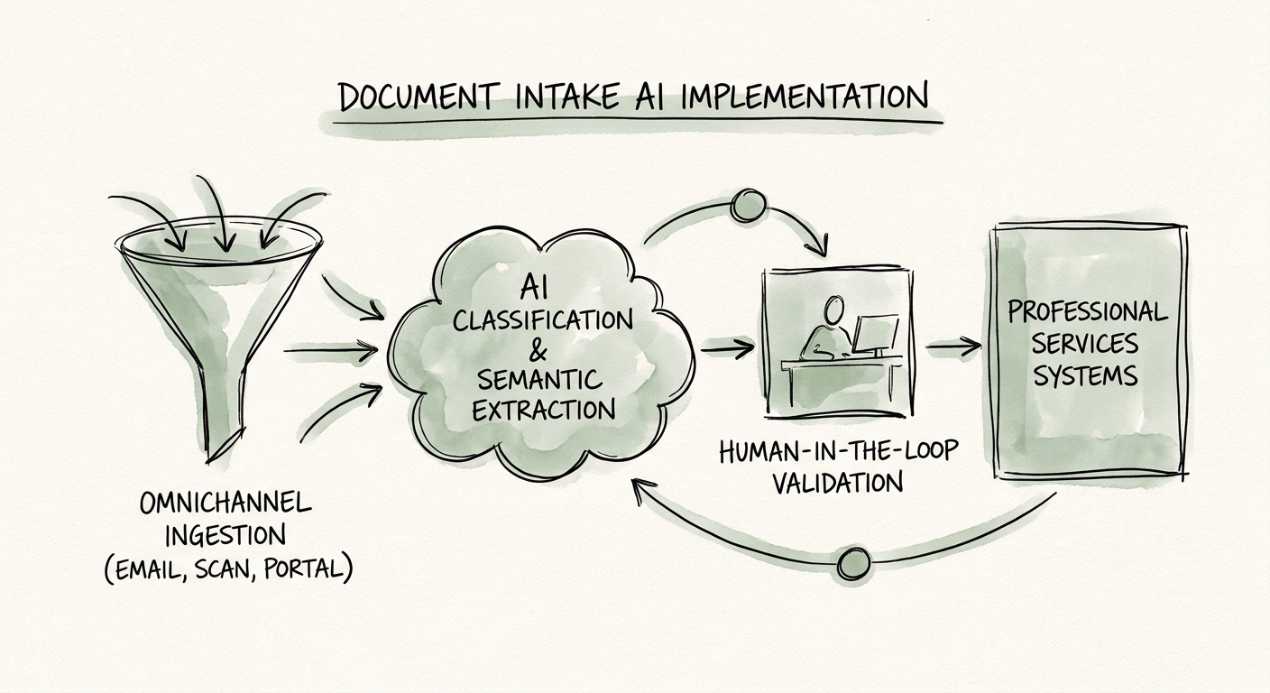 Document intake AI workflow showing classification, extraction, sensitive-data routing, review, and delivery handoff.