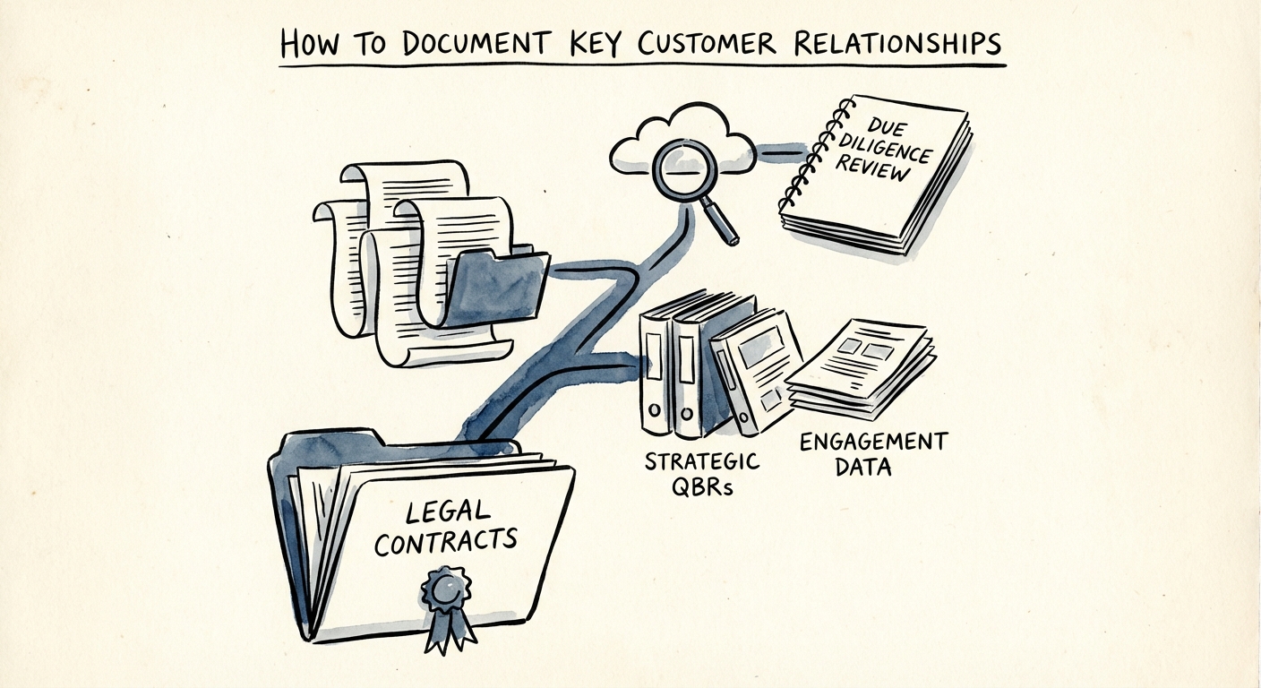 Visual hierarchy of customer documentation from legal contracts to strategic QBRs and engagement data
