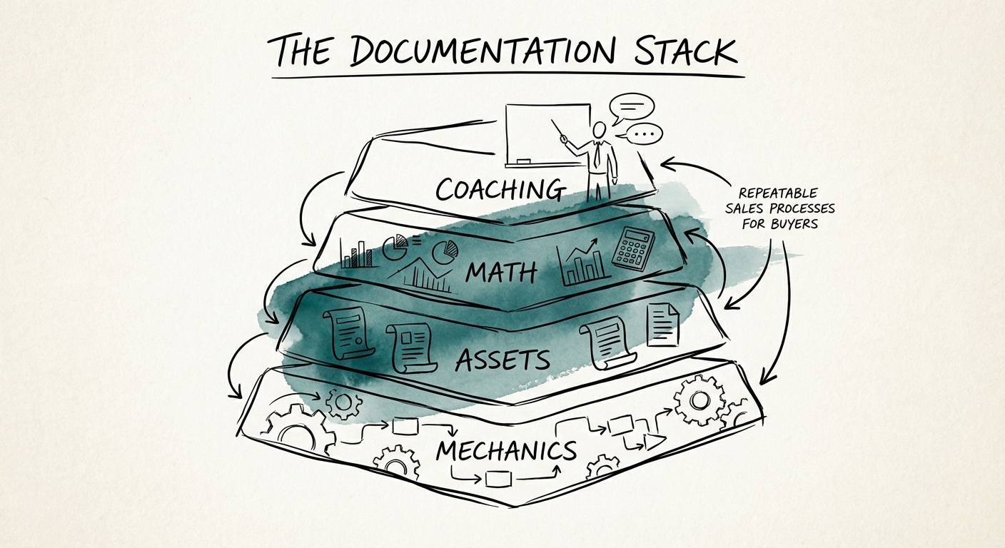 A diagram illustrating the four layers of the sales documentation stack: Mechanics, Assets, Math, and Coaching.