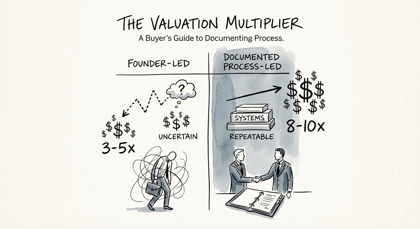 A comparison chart showing valuation multiples for founder-led sales vs. documented process-led sales.