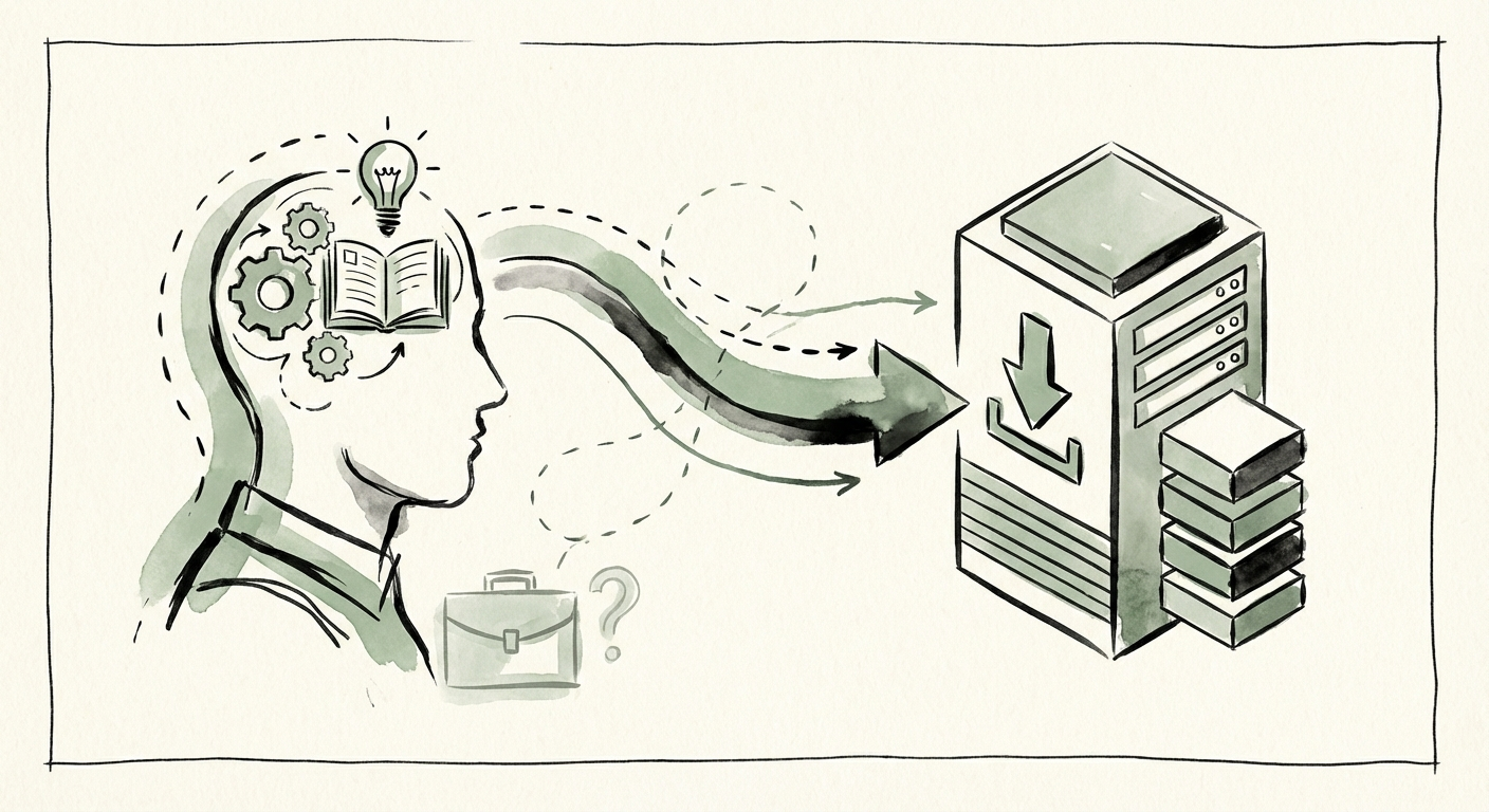 A stylized diagram showing a 'knowledge transfer' from a human brain to a digital server, representing tribal knowledge extraction.