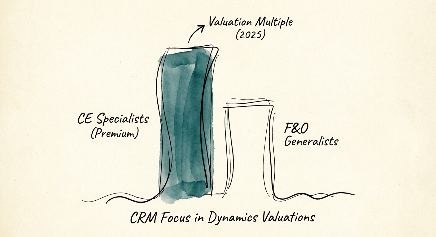 Chart showing valuation multiple disparity between Dynamics CE specialists and F&O generalists in 2025