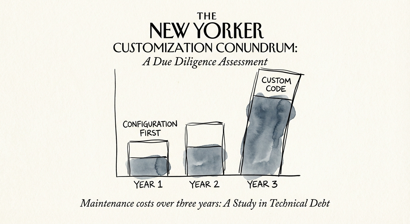 A comparative bar chart showing the maintenance cost difference between 'Configuration First' and 'Custom Code' Dynamics implementations over a 3-year period.