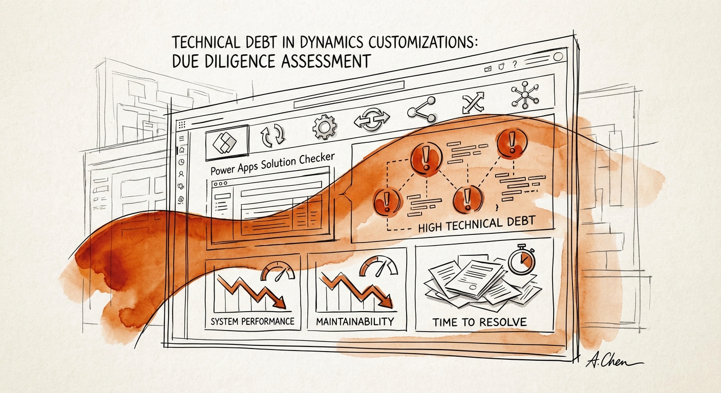 A digital dashboard showing a Power Apps Solution Checker report with red warning icons indicating high technical debt in a Dynamics 365 environment.