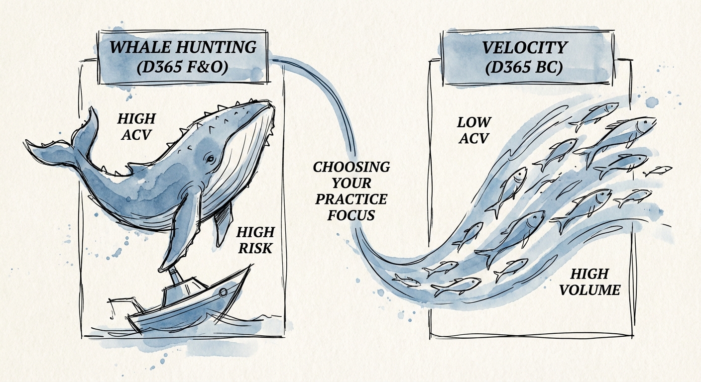 A chart comparing 'Whale Hunting' economics (high ACV, high risk) vs. 'Velocity' economics (low ACV, high volume) in Microsoft Dynamics practices.