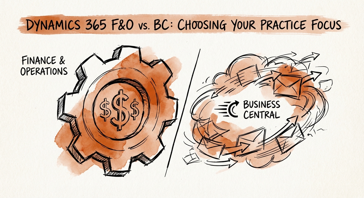 A split-screen graphic showing a heavy industrial gear labeled 'Finance & Operations' with high dollar signs, contrasting with a swarm of fast-moving digital packets labeled 'Business Central' representing velocity.