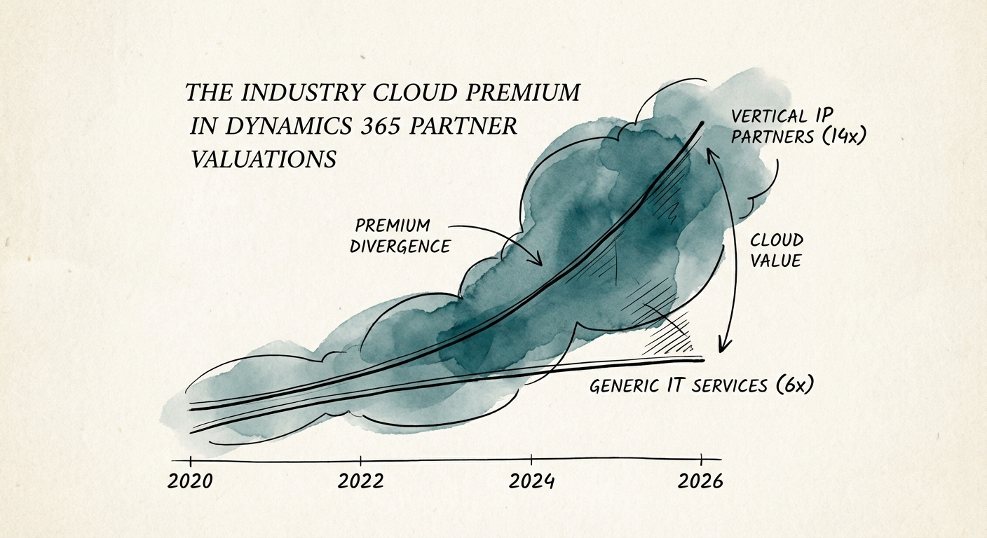 Graph showing valuation multiple divergence between Generic IT Services (6x) and Vertical IP Partners (14x) from 2020 to 2026.