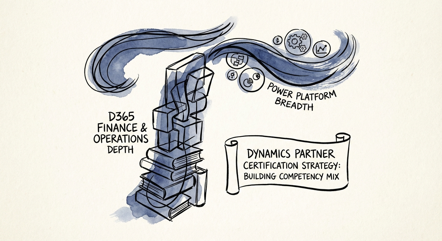 A 'T-Shaped' competency diagram showing depth in Dynamics 365 Finance & Operations supported by breadth in Power Platform skills.
