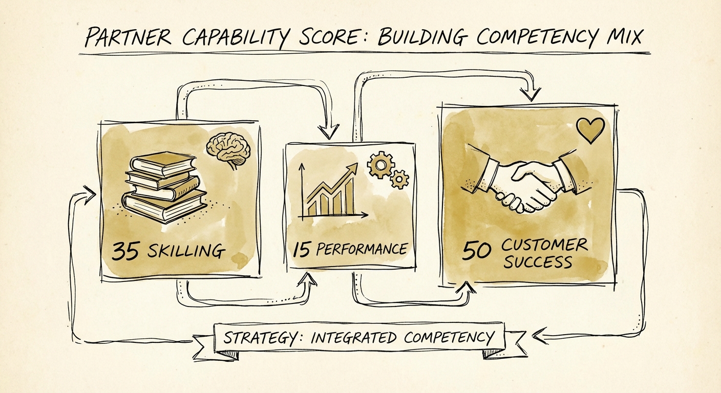 A diagnostic chart showing the breakdown of Microsoft Partner Capability Score points: 35 for Skilling, 15 for Performance, 50 for Customer Success.