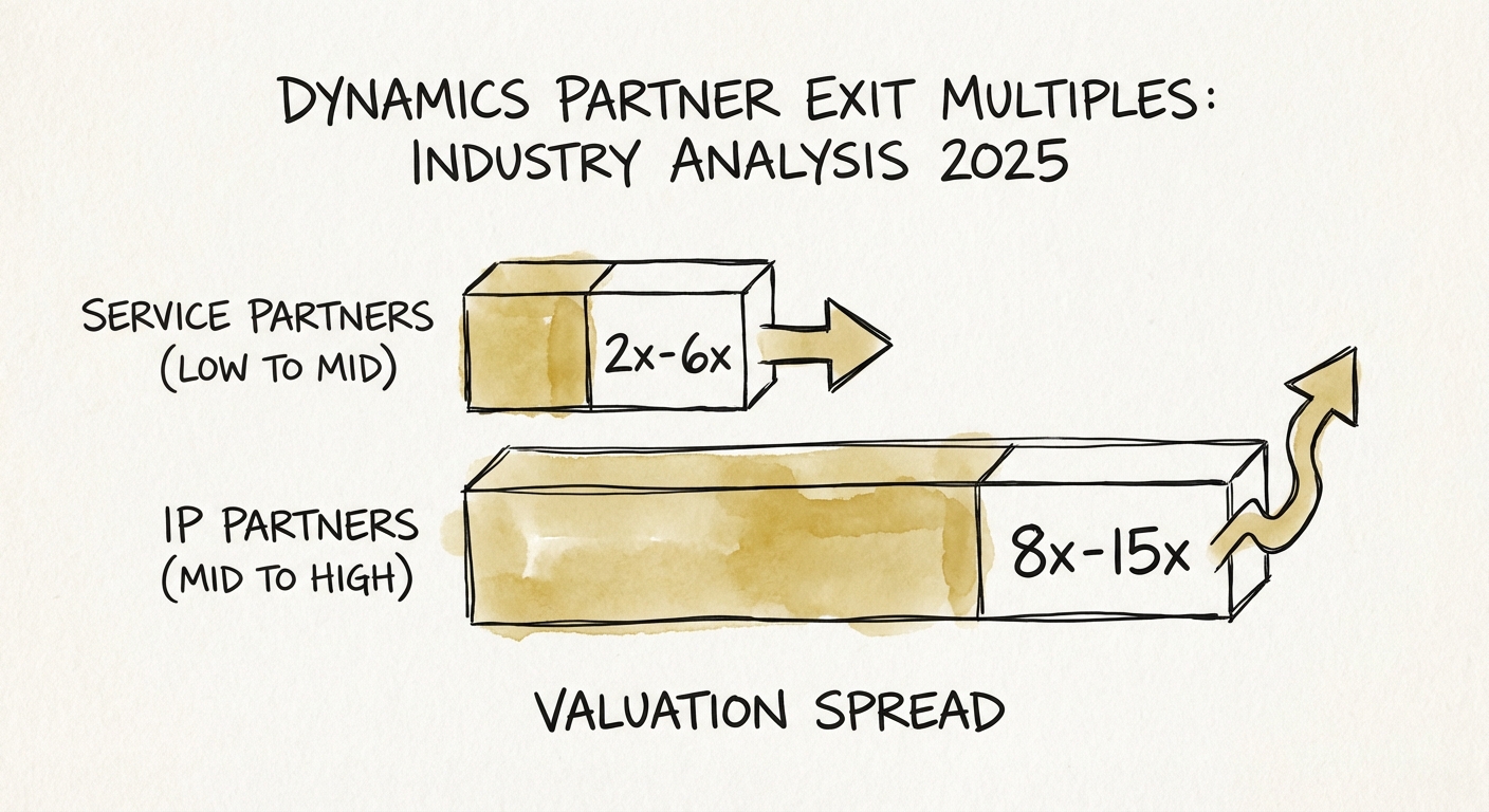 Chart showing the valuation multiple spread between Microsoft Dynamics Service Partners vs. IP Partners in 2025