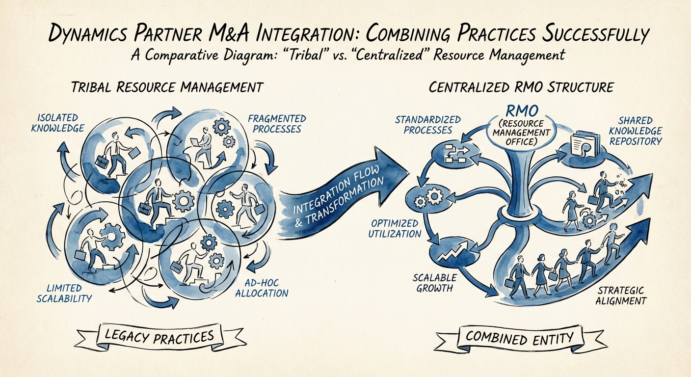Diagram comparing 'Tribal' resource management vs. 'Centralized' Resource Management Office (RMO) structure.