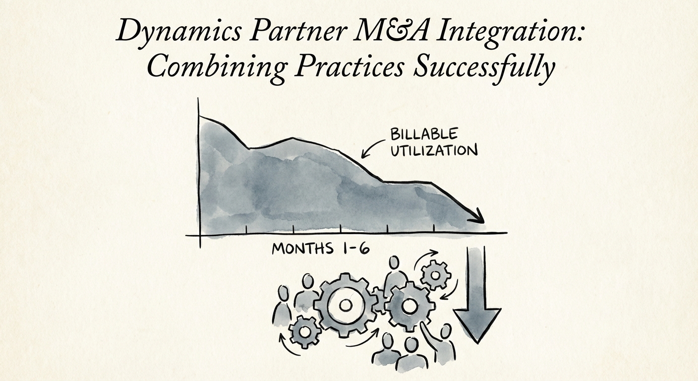 A chart showing the decline in billable utilization rates during the first 6 months of a Dynamics partner acquisition.