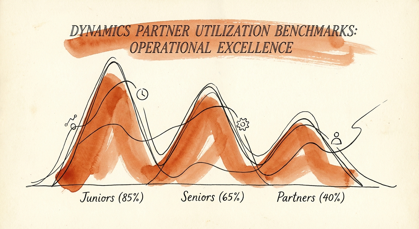 Graph showing role-based utilization targets for Dynamics partners: Juniors at 85%, Seniors at 65%, Partners at 40%.