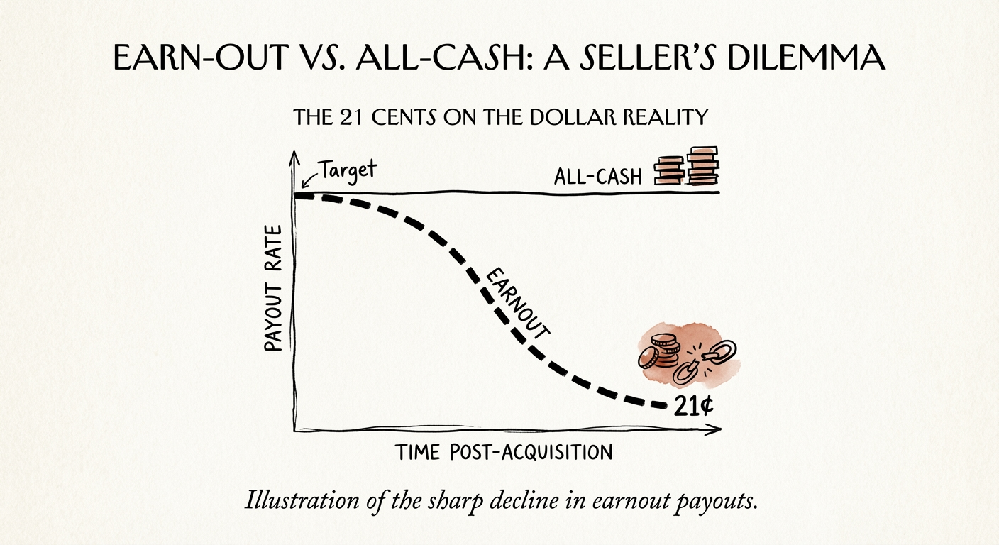 Graph showing the sharp decline in earnout payout rates post-acquisition, illustrating the '21 cents on the dollar' statistic.