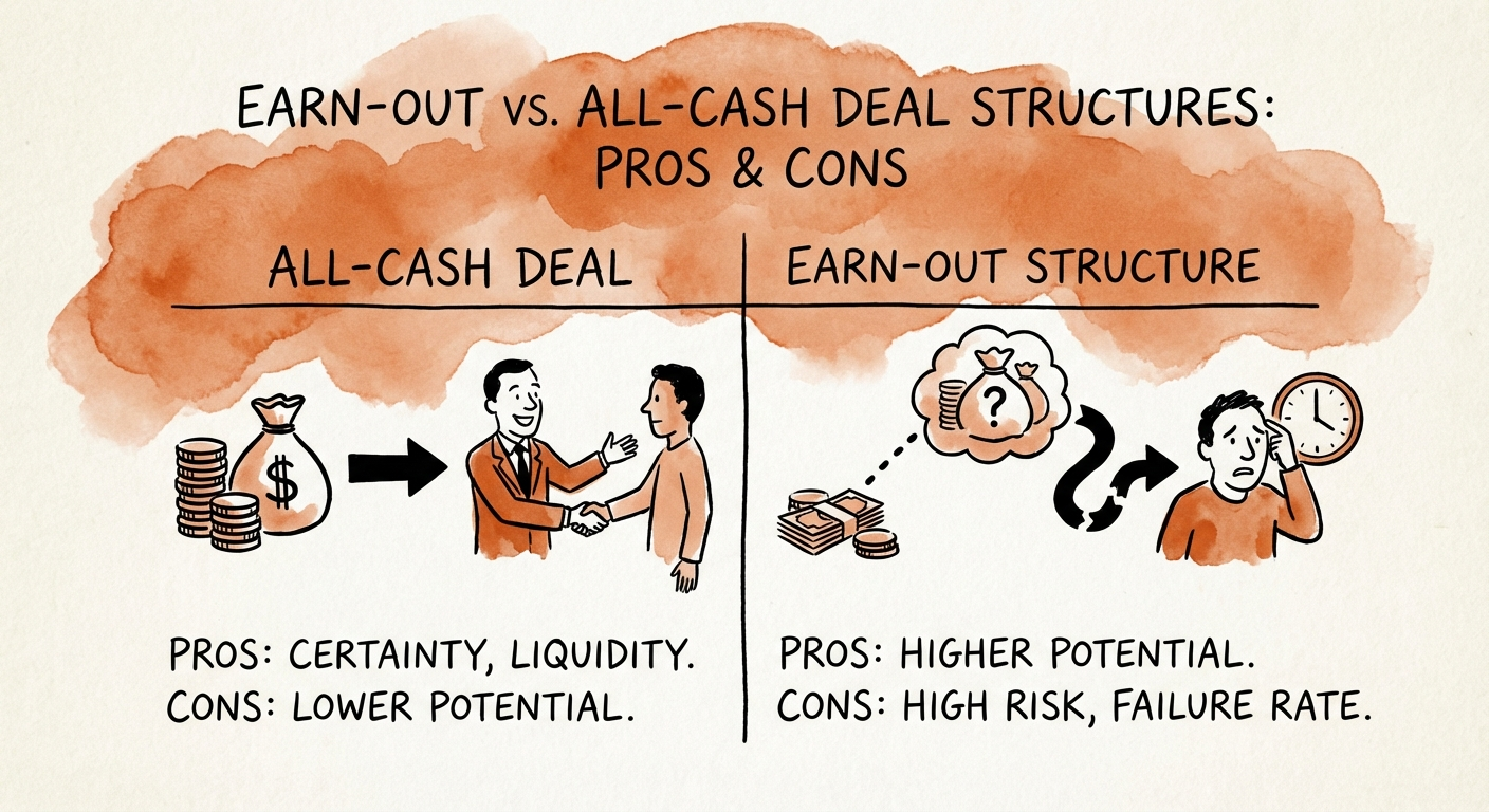 Detailed chart comparing all-cash M&A offers versus earnout structures, highlighting the high failure rate of contingent payments.