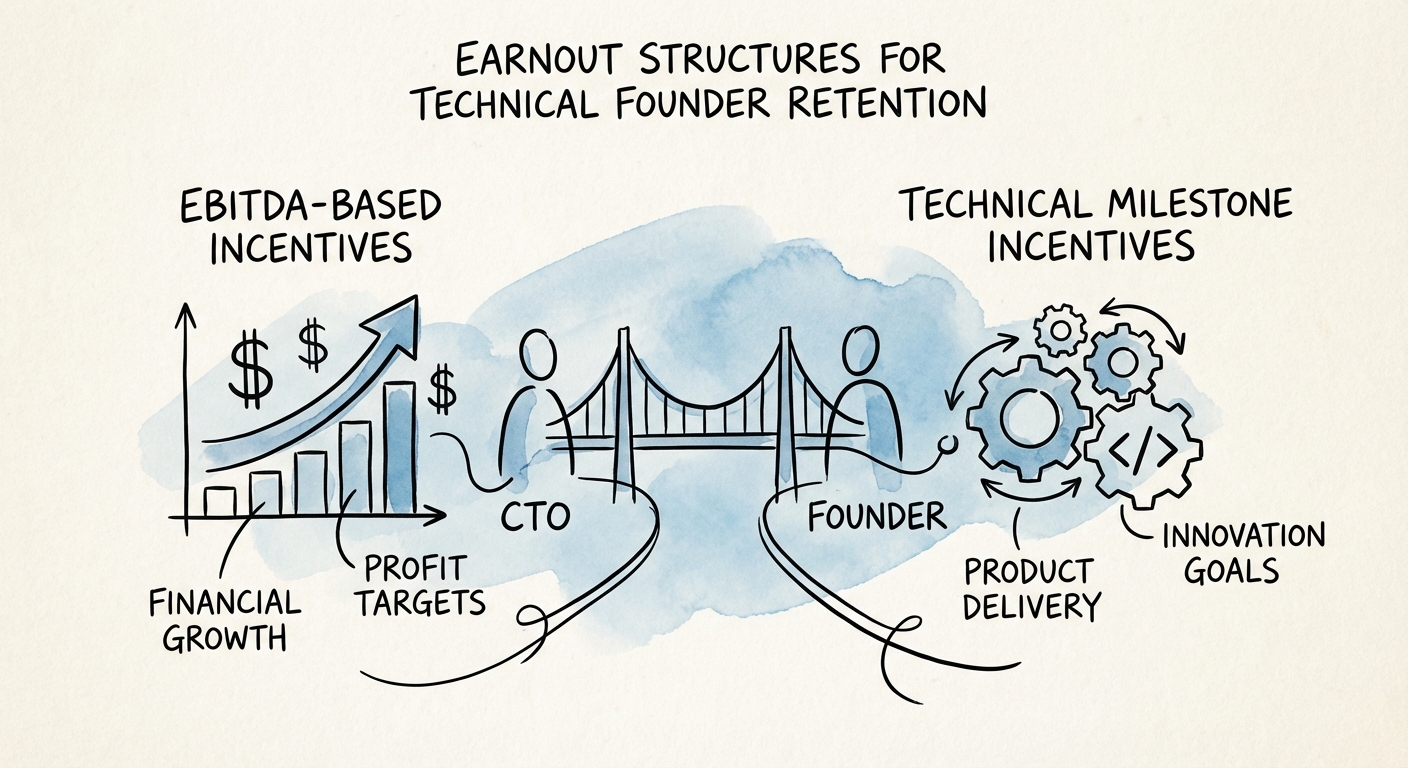 Diagram comparing EBITDA-based earnout incentives vs Technical Milestone incentives for CTOs