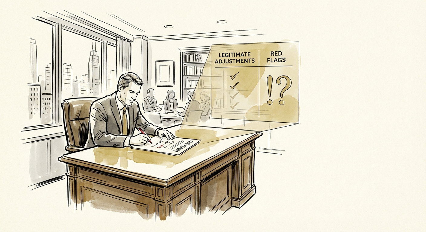 Private equity operating partner reviewing a quality of earnings report with red pen markups on EBITDA add-backs.