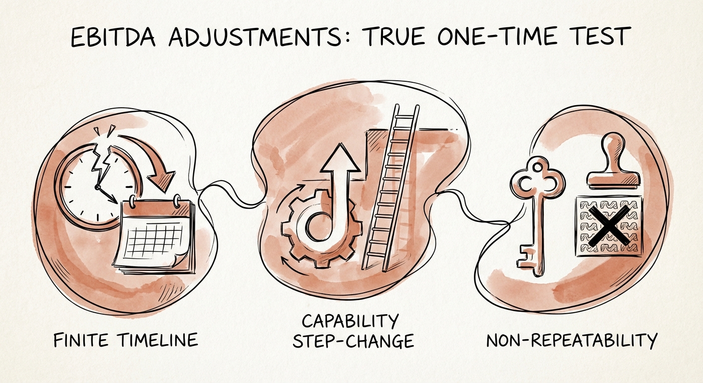 Diagram illustrating the 'True One-Time Test' for EBITDA adjustments: Finite Timeline, Capability Step-Change, and Non-Repeatability.