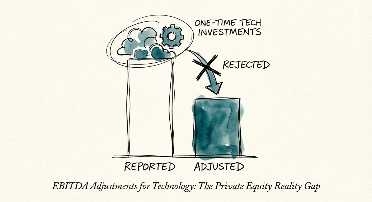 Chart showing the rejection rates of technology EBITDA add-backs in private equity due diligence, highlighting the gap between 'reported' and 'adjusted' earnings.