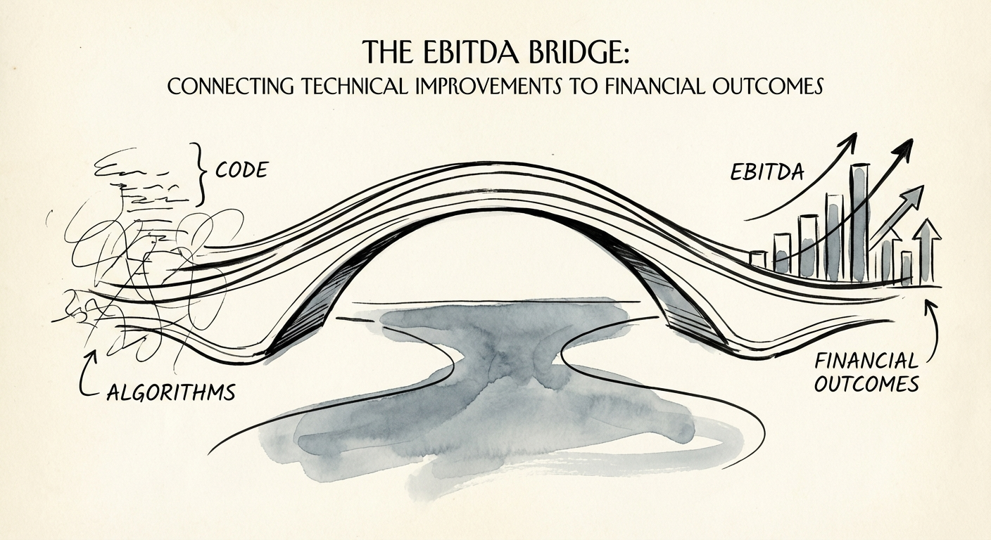 Bridge graphic connecting abstract software code on the left to financial EBITDA charts on the right