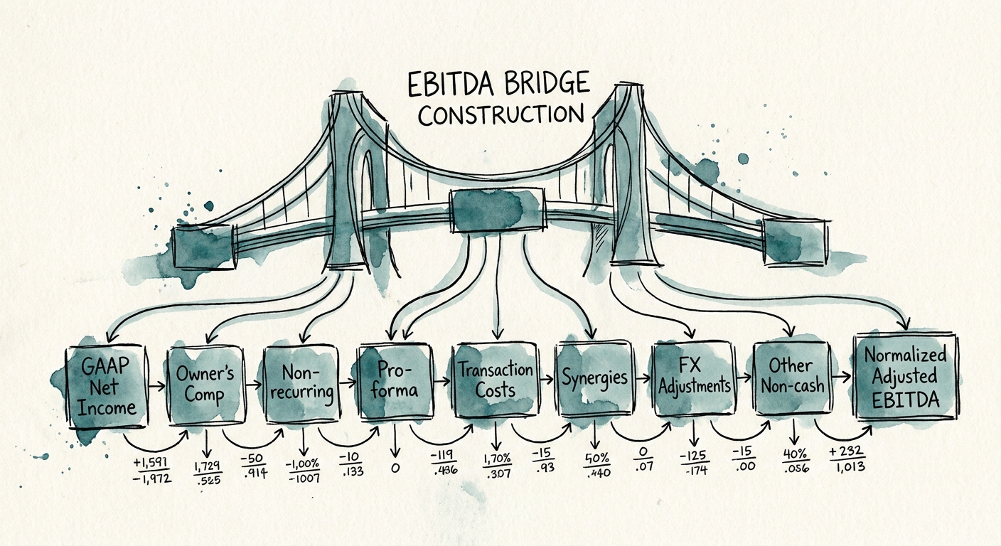 Financial dashboard showing the reconciliation of GAAP net income to normalized Adjusted EBITDA
