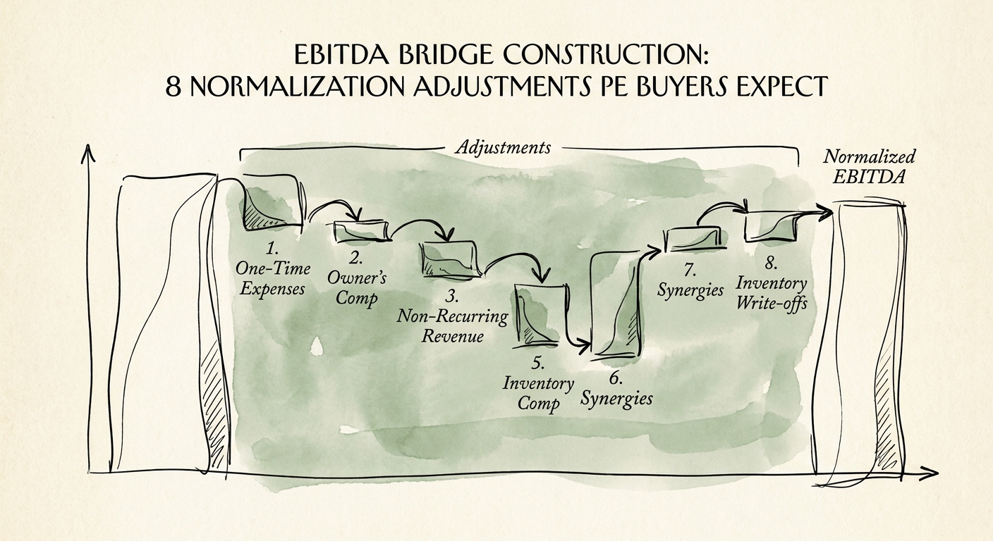 A detailed EBITDA bridge waterfall chart demonstrating Quality of Earnings adjustments for a private equity acquisition