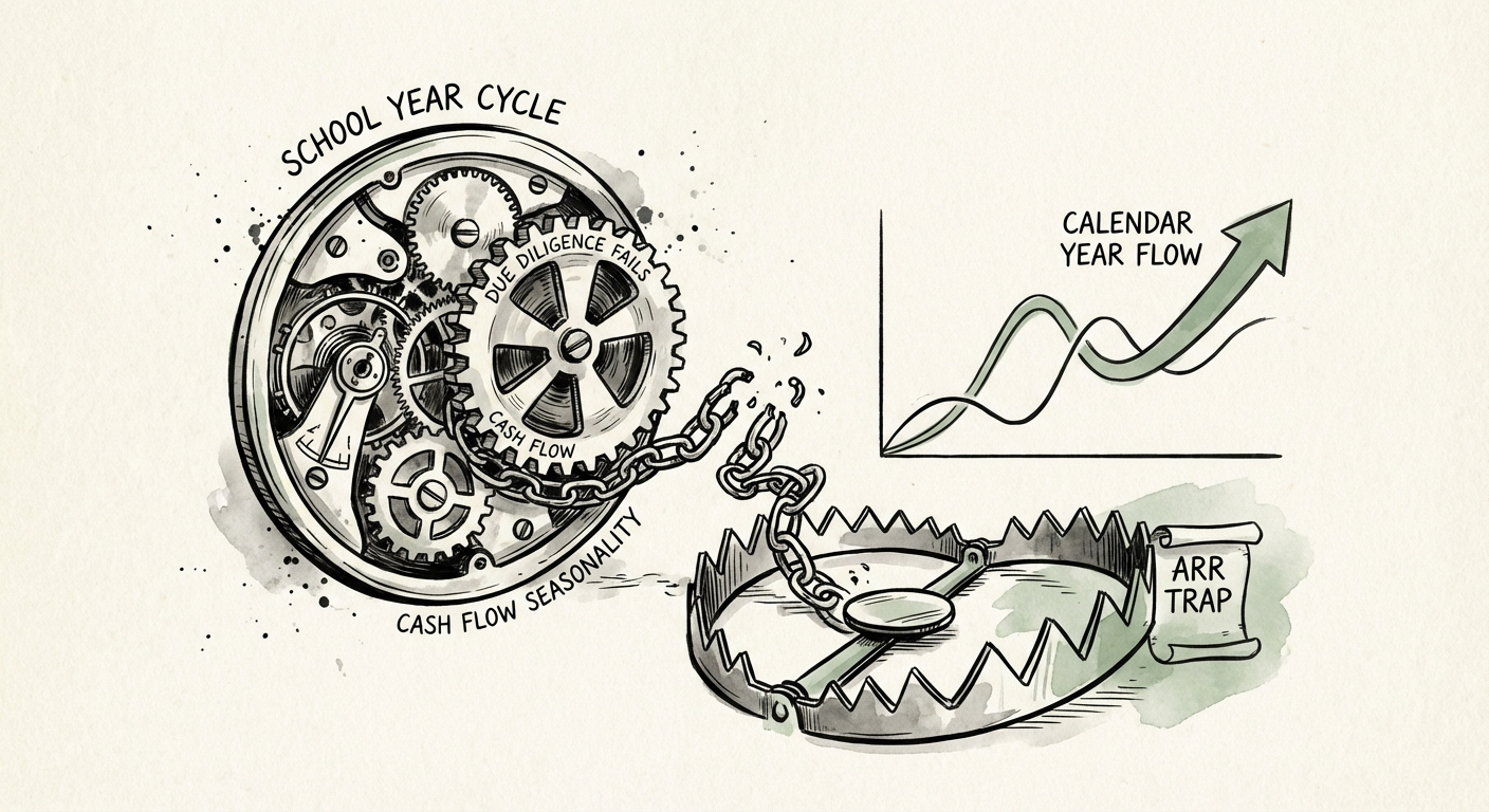 Chart contrasting 'School Year' vs 'Calendar Year' cash flow seasonality in EdTech