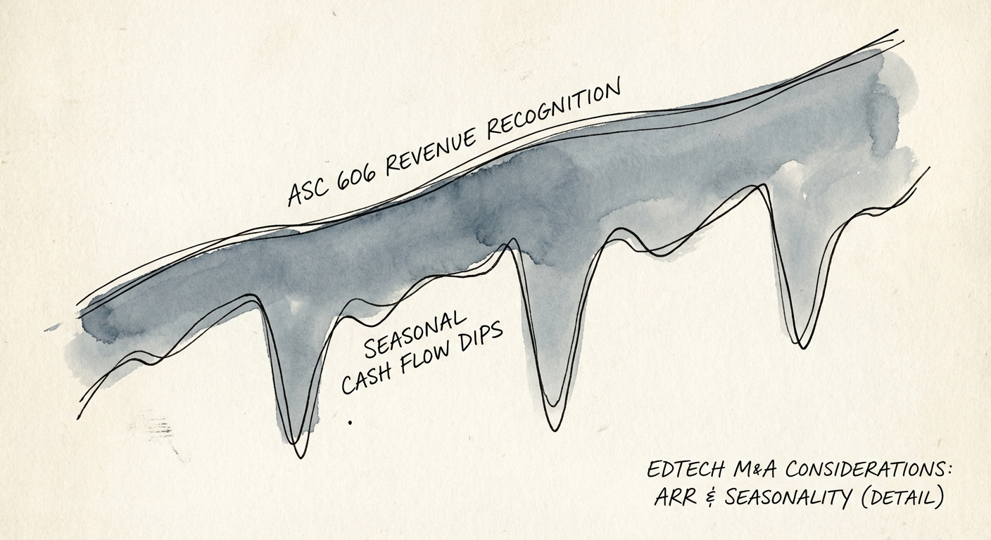 Graph showing EdTech seasonal cash flow dips vs ASC 606 revenue recognition