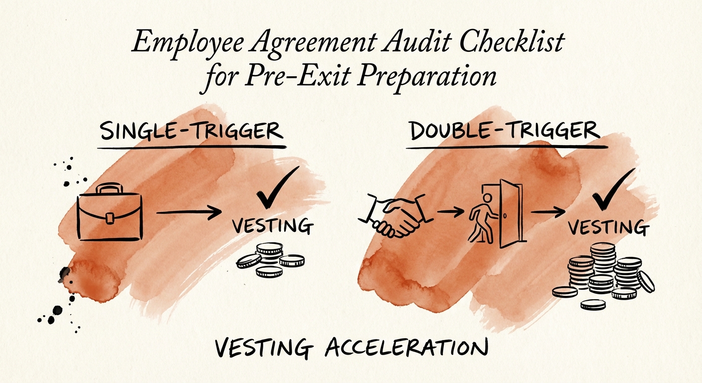 Visual diagram showing the difference between single-trigger and double-trigger stock vesting acceleration.