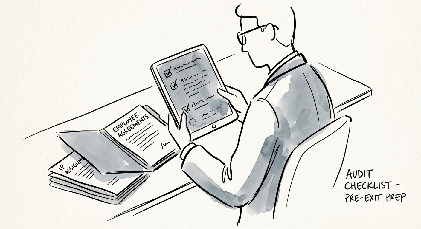 An auditor reviewing a checklist of employee agreements and IP assignment documents on a tablet.