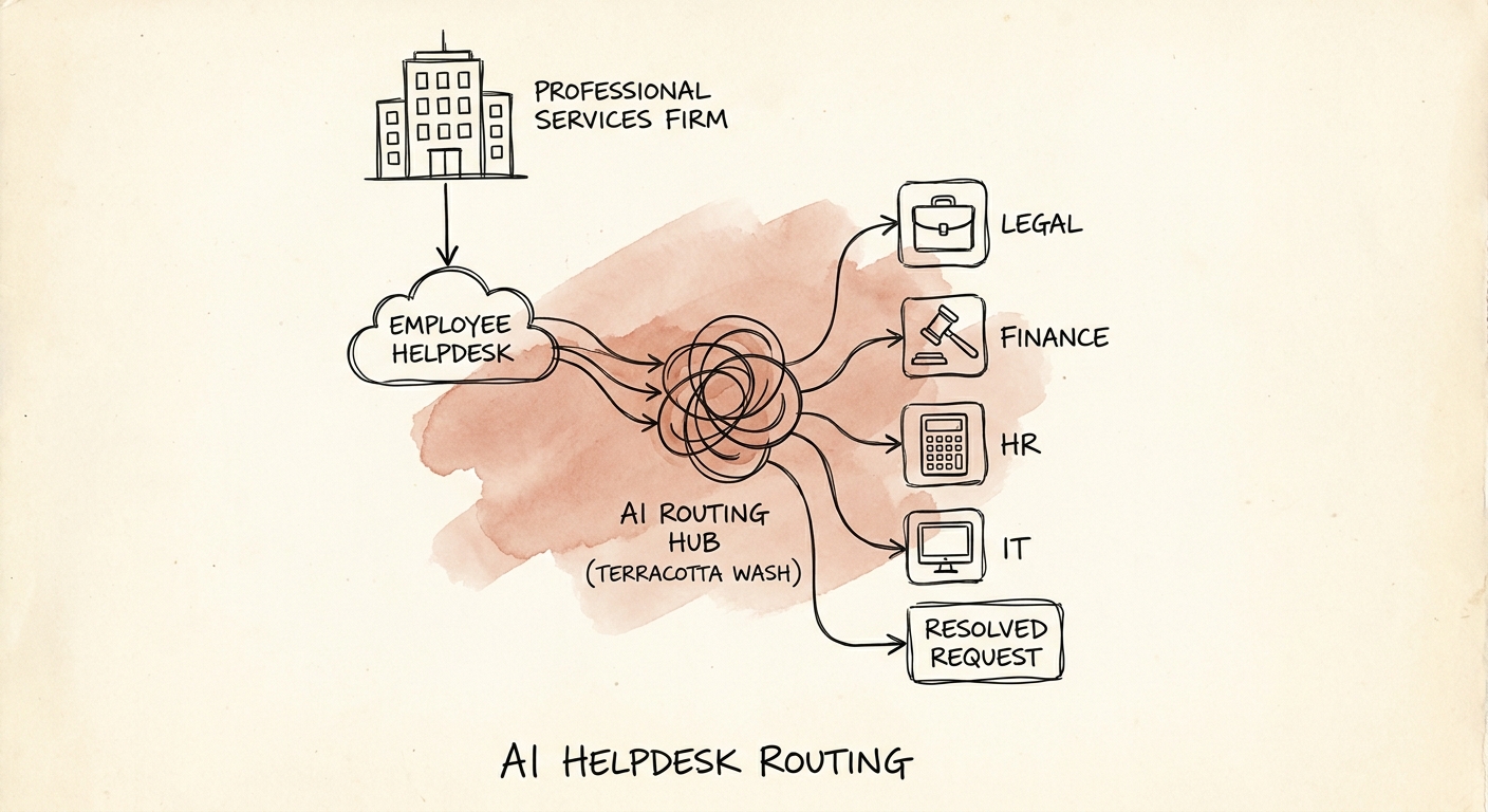Professional services IT team reviewing AI-routed employee helpdesk tickets.