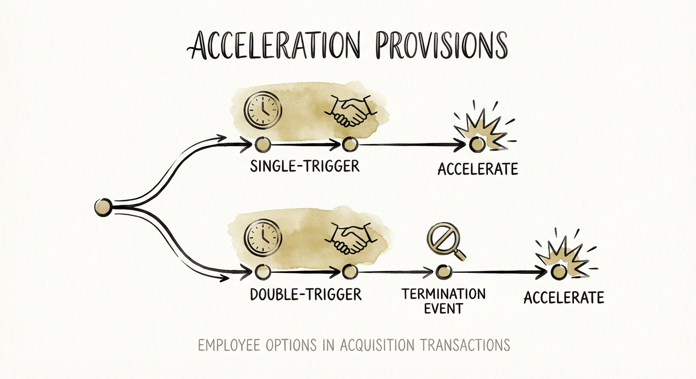 Diagram showing the difference between single-trigger and double-trigger vesting timelines during an acquisition.