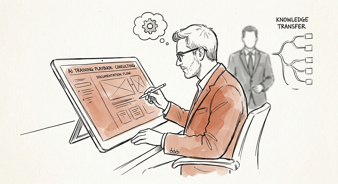 Consulting training workflow showing approved lesson, delivery playbook, QA example, practice-lead review, and new-consultant answer.