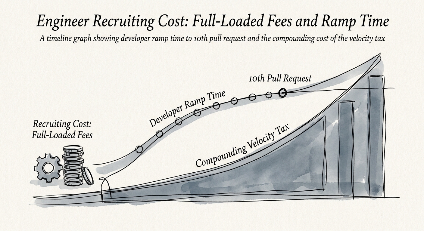 A timeline graph showing developer ramp time to 10th pull request and the compounding cost of the velocity tax.
