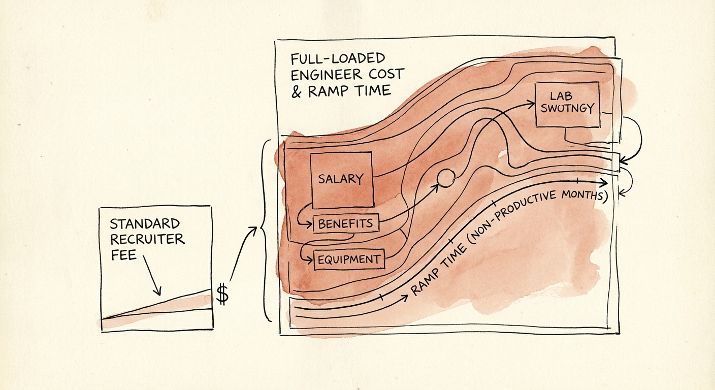 A chart breaking down the fully loaded cost of hiring a senior software engineer versus the standard recruiter fee.