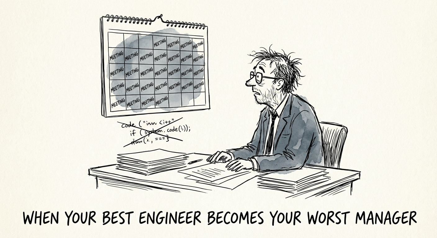 A stressed software engineer staring at a calendar full of meetings instead of code