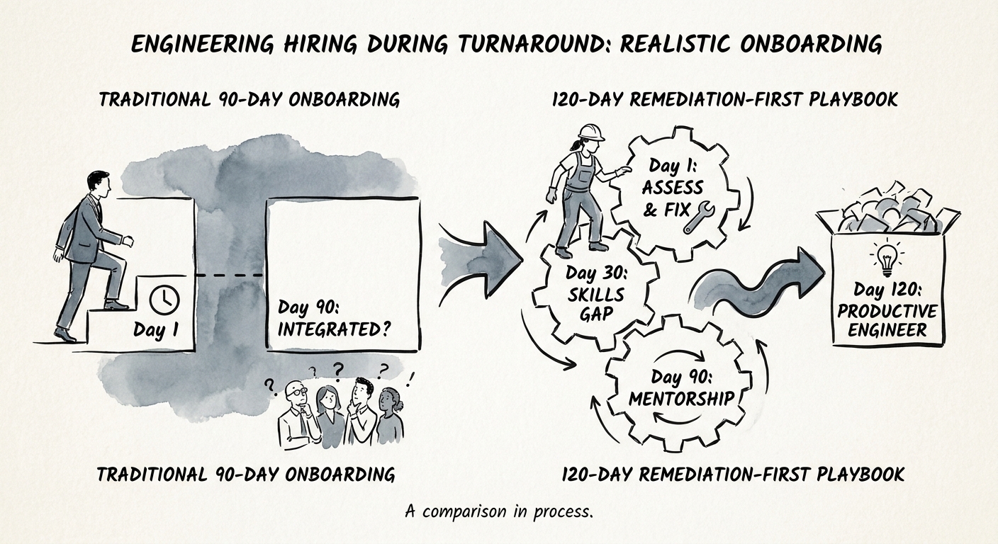 Comparison of traditional 90-day onboarding vs the 120-day remediation-first playbook for software engineers.
