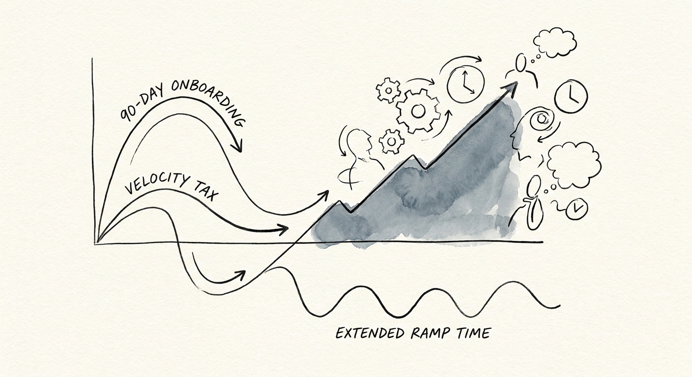 A chart illustrating the velocity tax and extended ramp time for engineering hires in turnaround tech assets.