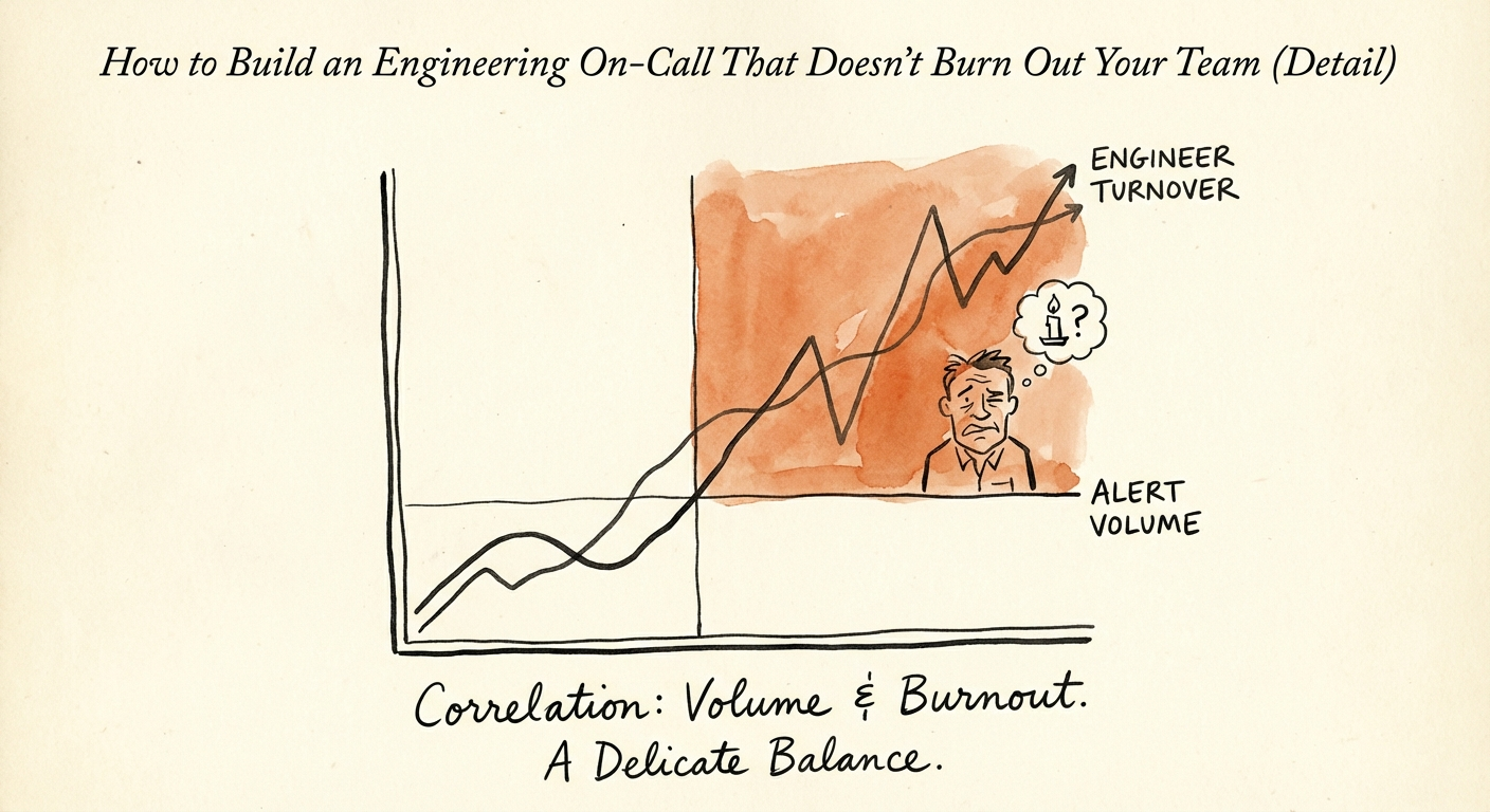 Graph showing the correlation between on-call alert volume
and engineer turnover rates.