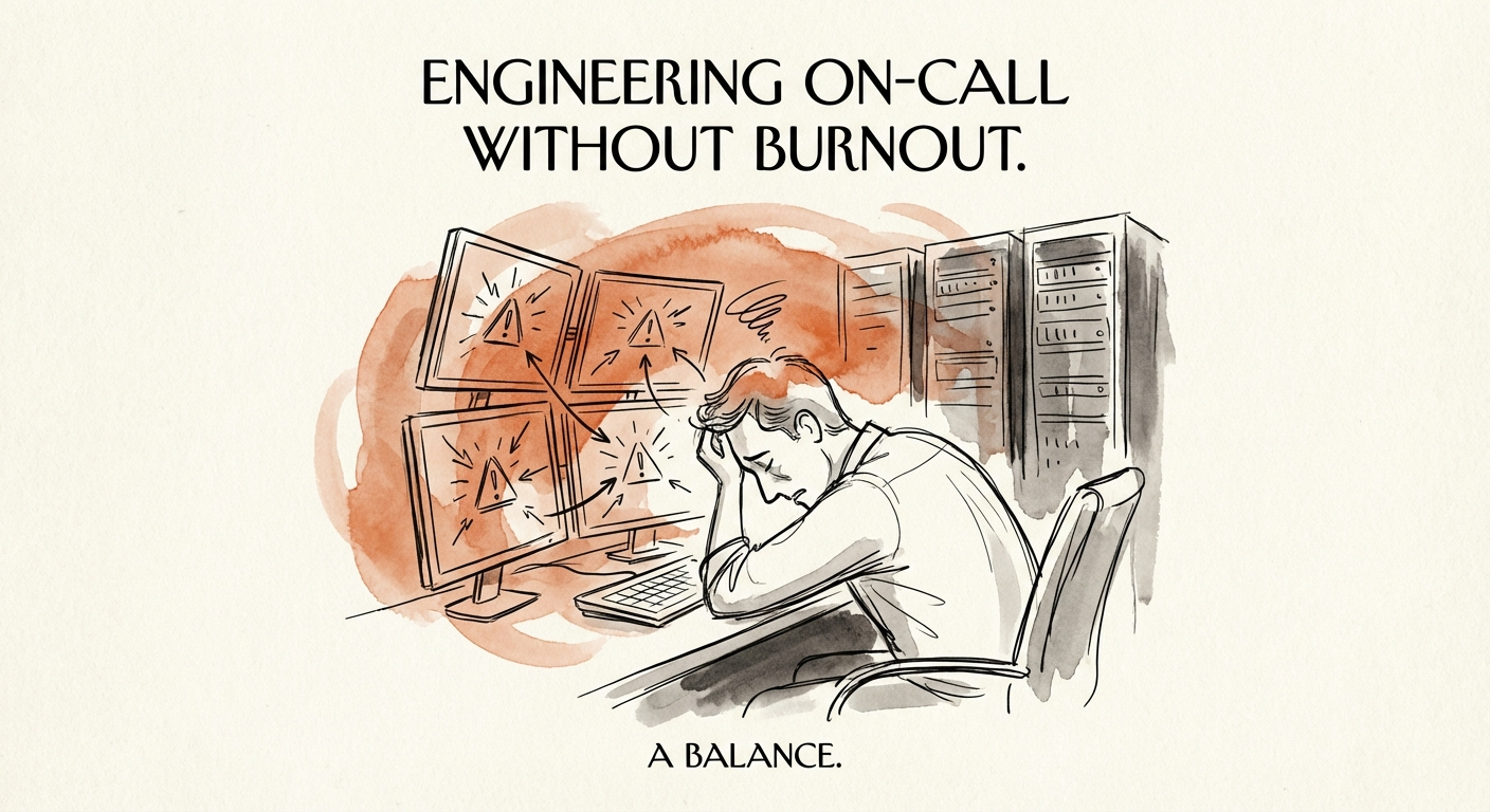 A stressed software engineer looking at multiple monitors with red alert warnings in a dark server room context.