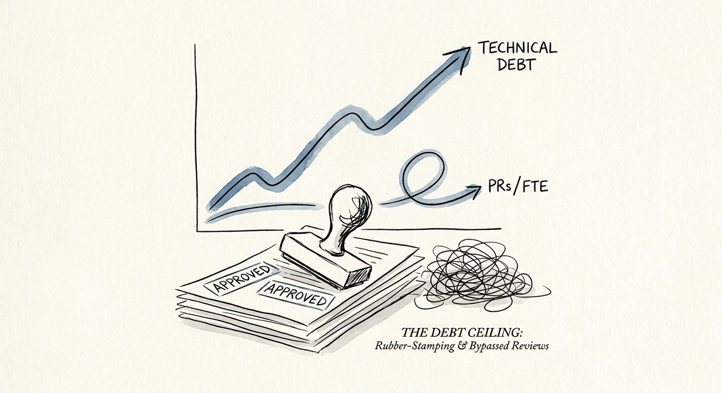 Graph illustrating technical debt accumulation caused by rubber-stamp code approvals and bypassed peer reviews.