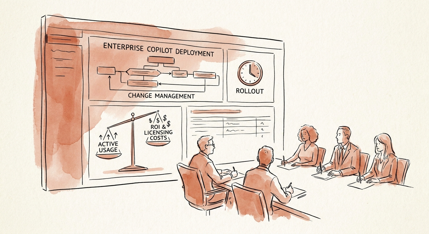 Enterprise IT and operations leaders planning Microsoft Copilot deployment with data protection, permissions, training, governance, and adoption metrics.