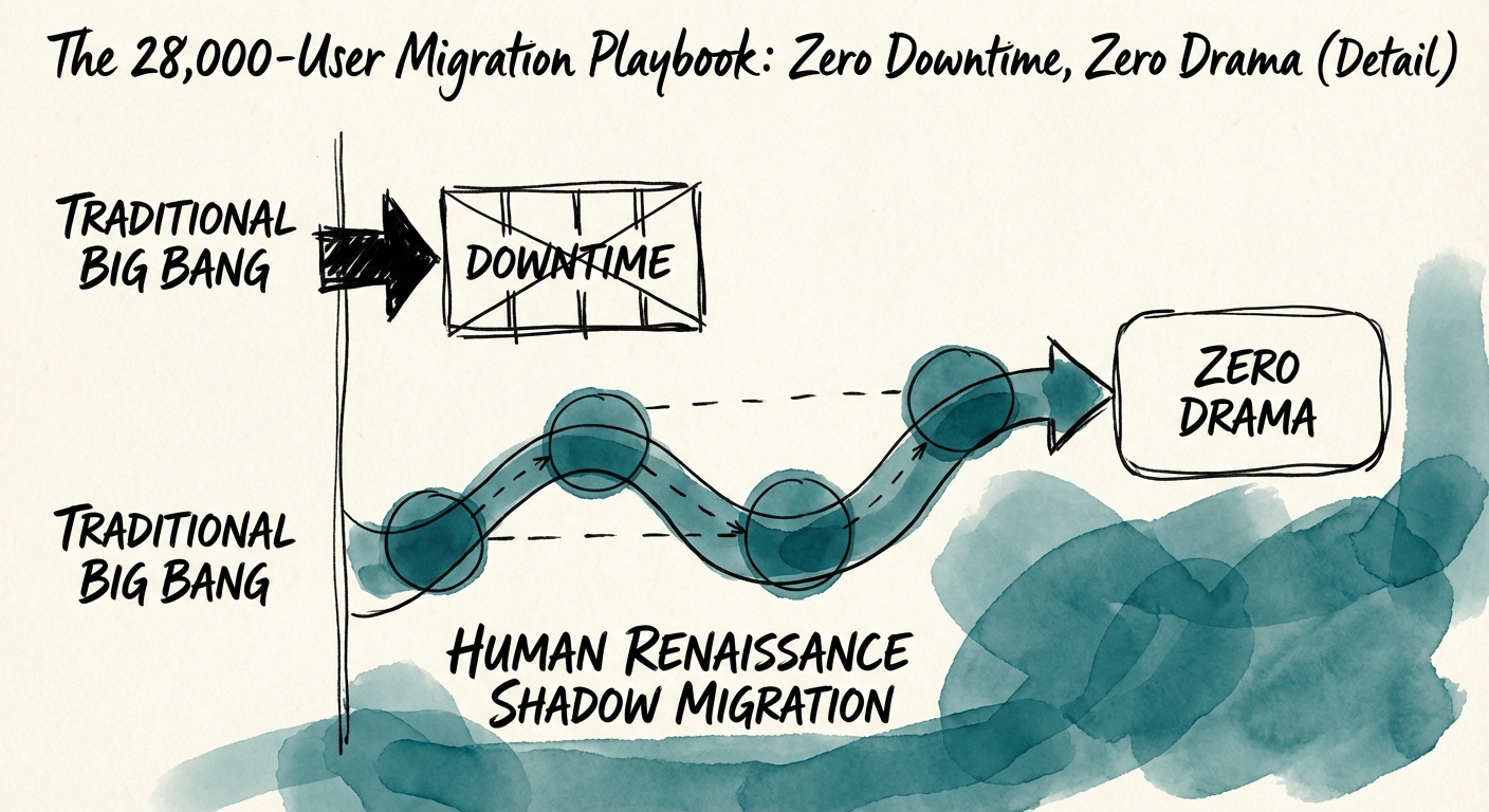 Chart comparing traditional Big Bang migration vs. the Human
Renaissance Shadow Migration timeline.