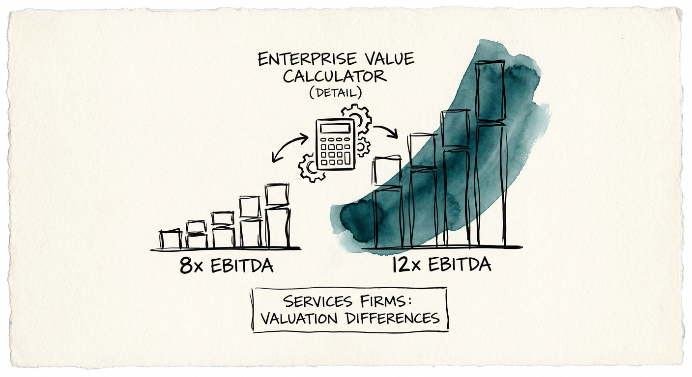Comparison chart showing valuation differences between an 8x EBITDA multiple firm and a 12x EBITDA multiple firm.