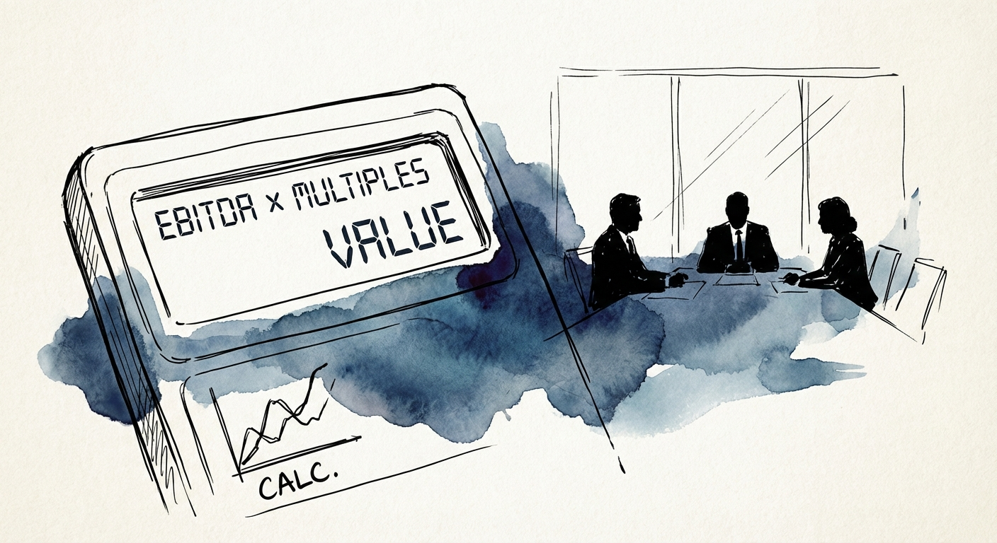 A close-up of a digital calculator displaying EBITDA multiples overlaying a blurred boardroom meeting background.