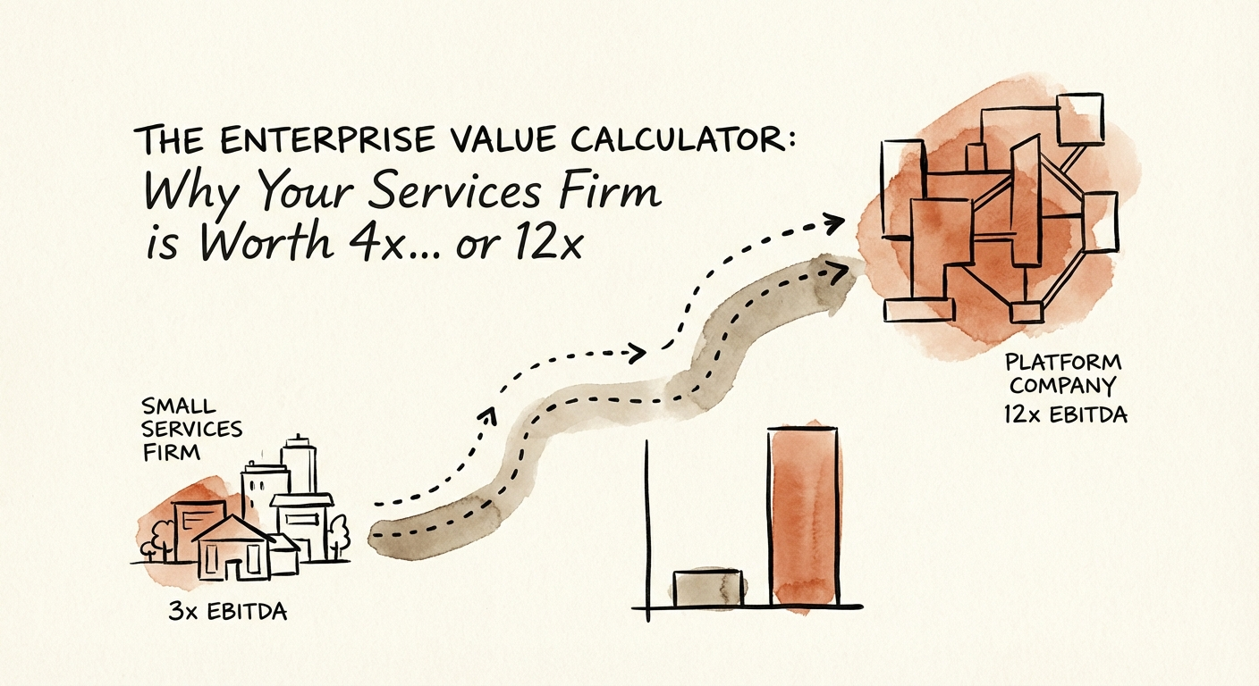 Graph showing the valuation gap between small services firms at 3x EBITDA and platform companies at 12x EBITDA