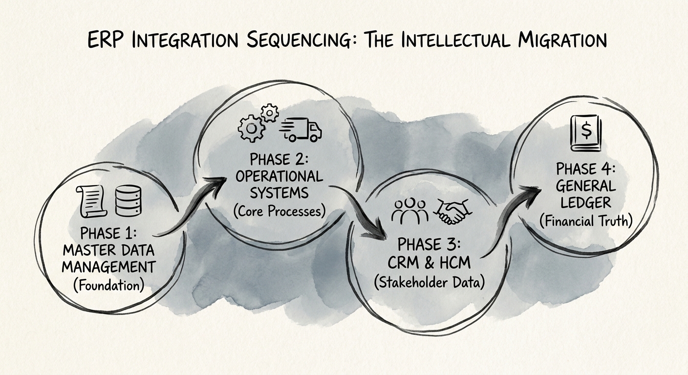 Diagram showing the proper four-phase ERP integration sequence starting with Master Data Management and ending with the General Ledger.